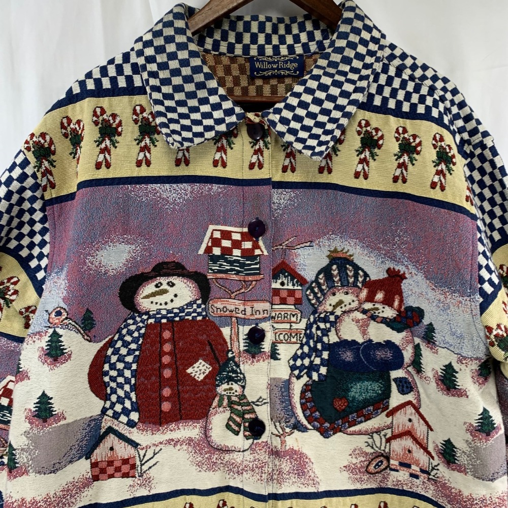 Willow Ridge Tapestry Jacket Womens XL Multicolor Snowman Christmas Woven Button - Picture 2 of 9